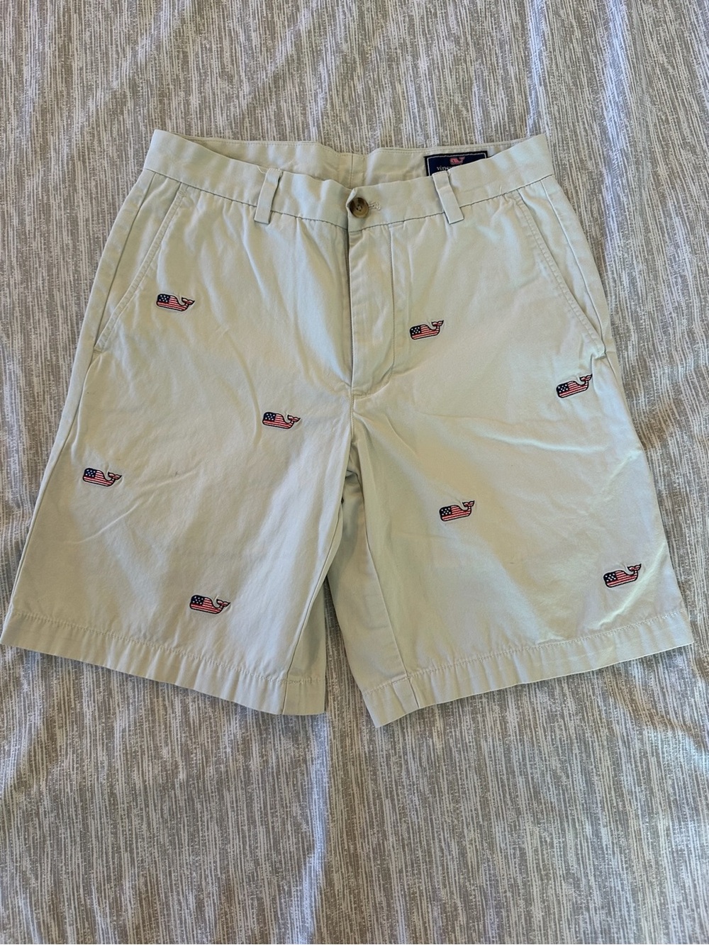 Vineyard Vines Light Khaki Embroidered USA Flag Whale Chino Shorts